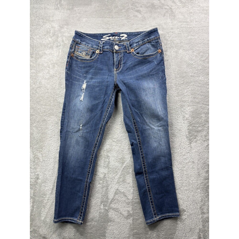 Seven7 Women's Size 12 Skinny Cropped Jeans Medium Wash Distressed Embellished